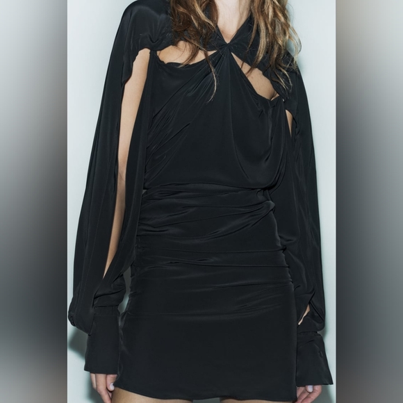 LIMITED EDITION Zara Cape Sleeve Black Mini Dress - Picture 4 of 16